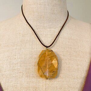 Wire-Wrapped Yellow Gemstone Pendant On Brown Band Necklace